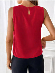 Red sleeveless tank top with keyhole neckline and button closure
