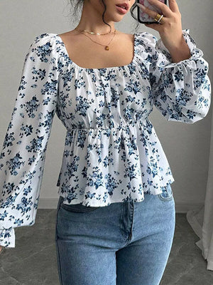 Floral Print Square Neck Peplum Blouse in Floral, close-up detail