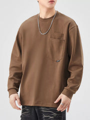 Brown long-sleeve sweatshirt with chest pocket and crew neck.