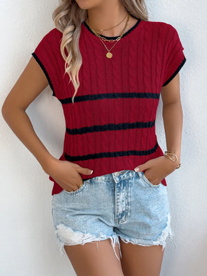 Sleeveless cable knit stripe sweater in white, khaki, or deep red.