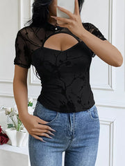 Black mesh t-shirt with cutout and mandarin collar, short sleeves, floral pattern
