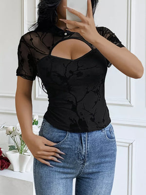 Black mesh t-shirt with cutout and mandarin collar, short sleeves, floral pattern