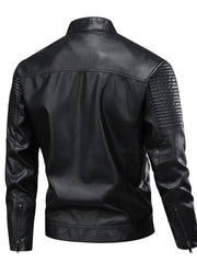 Black leather motorcycle jacket with quilted shoulder detail and zippered cuffs.
