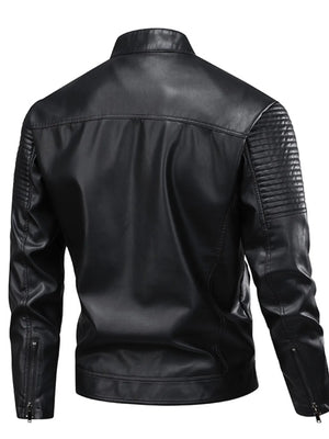 Black leather motorcycle jacket with quilted shoulder detail and zippered cuffs.