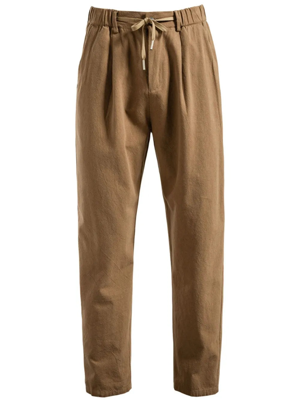 Camel linen drawstring trousers with pleats and elastic waistband