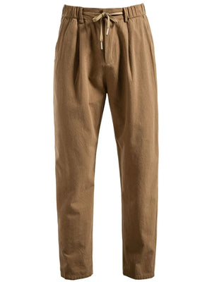 Camel linen drawstring trousers with pleats and elastic waistband