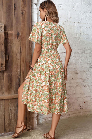 Flutter sleeve floral midi dress with tiered skirt and cinched waist