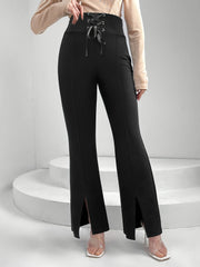 Black lace-up waist slit flare trousers with a high rise and bootcut leg.