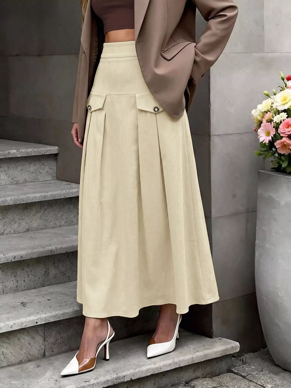 High Waist Pleated Midi Skirt in Khaki, model styling view
