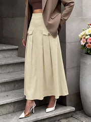 High Waist Pleated Midi Skirt in Khaki, model styling view