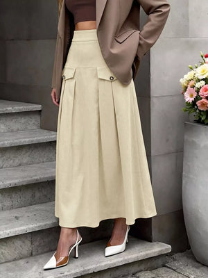 High Waist Pleated Midi Skirt in Khaki, model styling view