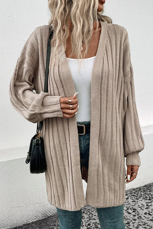 Khaki ribbed knit open front cardigan with long sleeves and pockets.