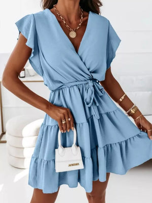 Light blue ruffle sleeve mini dress with tie detail, V-neck, tiered skirt, polyester