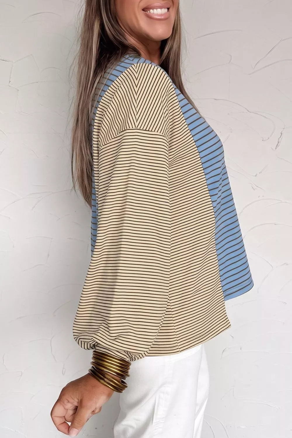 Color Block Striped Sweatshirt in Dusty Blue, side view
