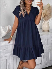 Navy blue ruffled mini dress with V-neck and short sleeves.