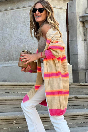 Colorblock stripe open cardigan in acrylic with pink and orange stripes, open front, long sleeves.