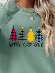 Feliz Navidad graphic crewneck sweatshirt in Sage green with Christmas tree designs and text.