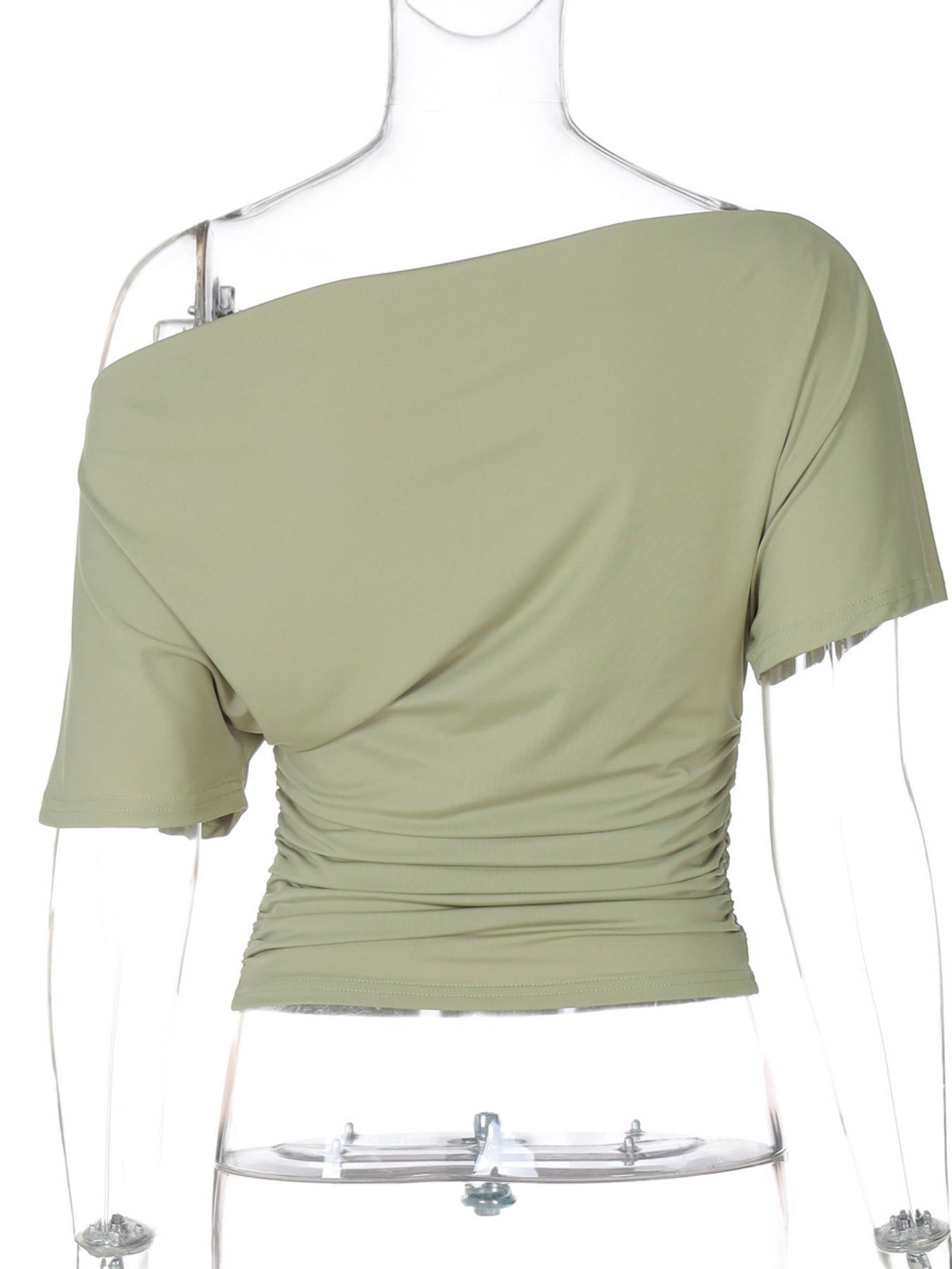 Sage ruched one shoulder t-shirt with short sleeves and asymmetrical neckline.