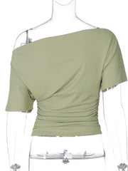 Sage ruched one shoulder t-shirt with short sleeves and asymmetrical neckline.