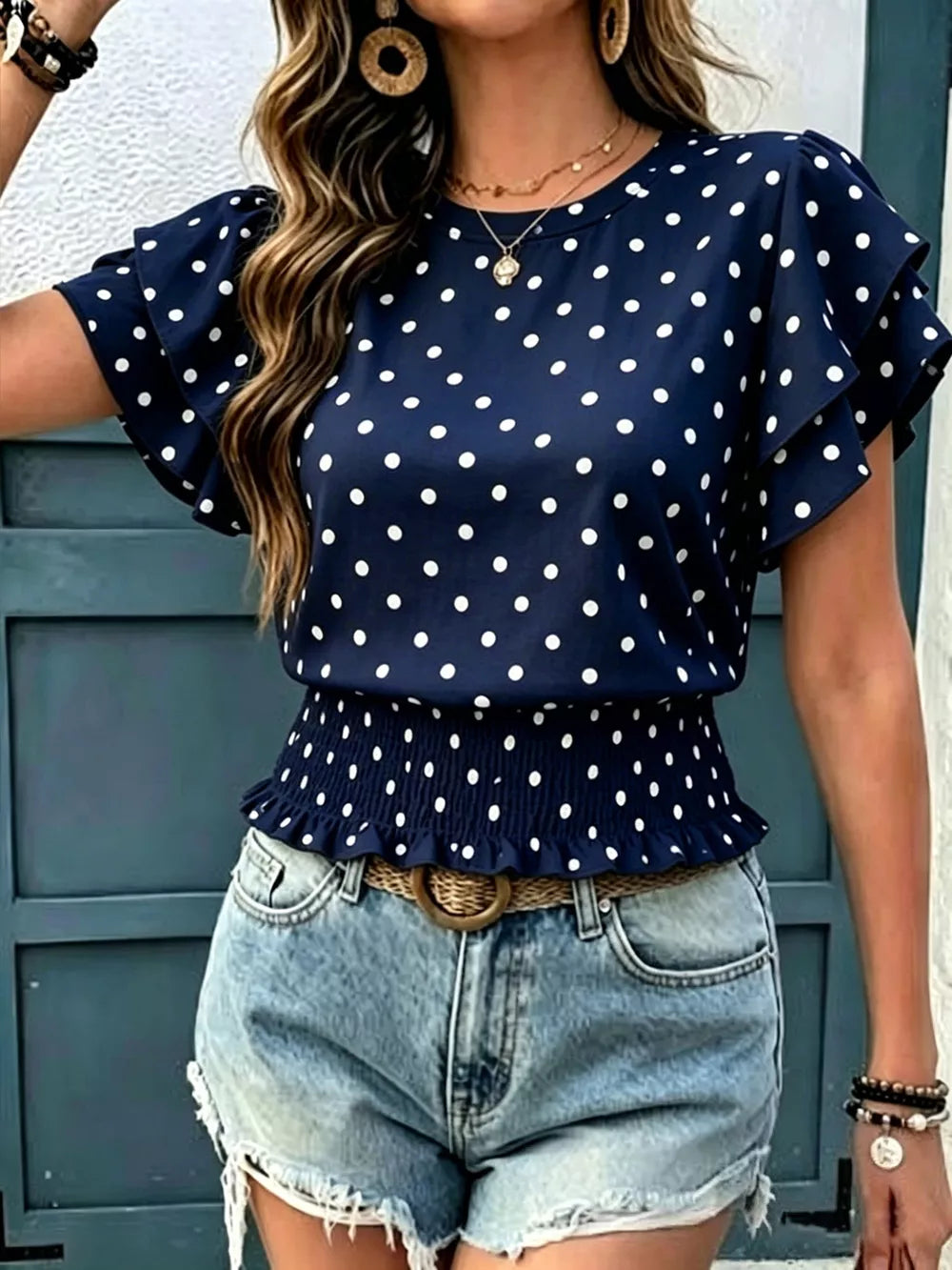 Polka Dot Ruffle Sleeve Blouse, editorial view