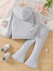 Children's Ribbed Knit Hooded Top And Pants Set in Light Gray, fabric detail