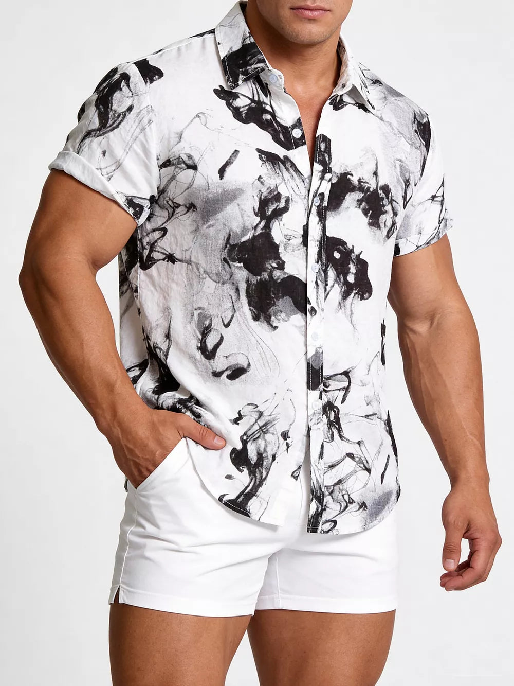 Men's Plus Size Abstract Ink Splash Short Sleeve Shirt in Black, front view