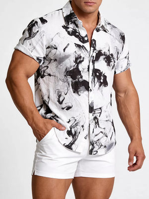 Men's Plus Size Abstract Ink Splash Short Sleeve Shirt in Black, front view