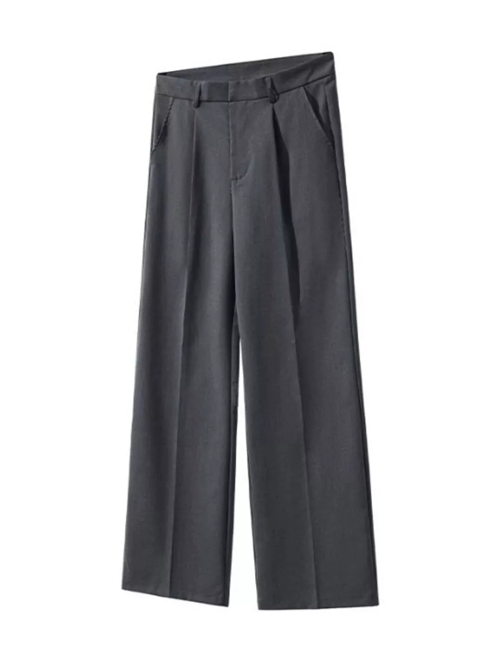 Grey pleated wide-leg trousers with pockets and a casual contemporary style.
