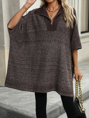 Asymmetrical knit zip-neck poncho in coffee brown with short sleeves and a collared neckline.
