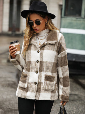 Textured plaid teddy button-up jacket in khaki with two chest pockets and button closure.