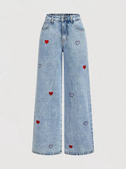 Button-down Embroidered Heart Wide-leg Jeans, side view