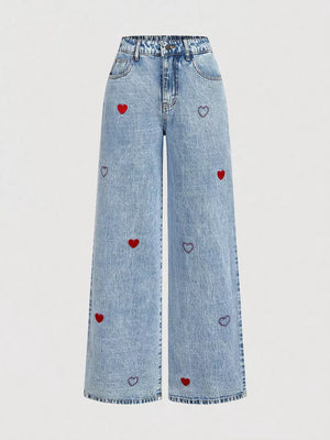 Button-down Embroidered Heart Wide-leg Jeans, side view