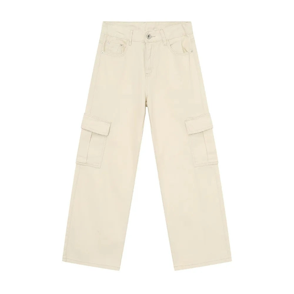 Oversized cargo denim trousers in eggshell with large side pockets and contrast stitching.