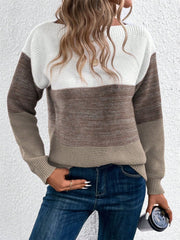 Colorblock boatneck knit sweater in white, brown, and taupe acrylic.
