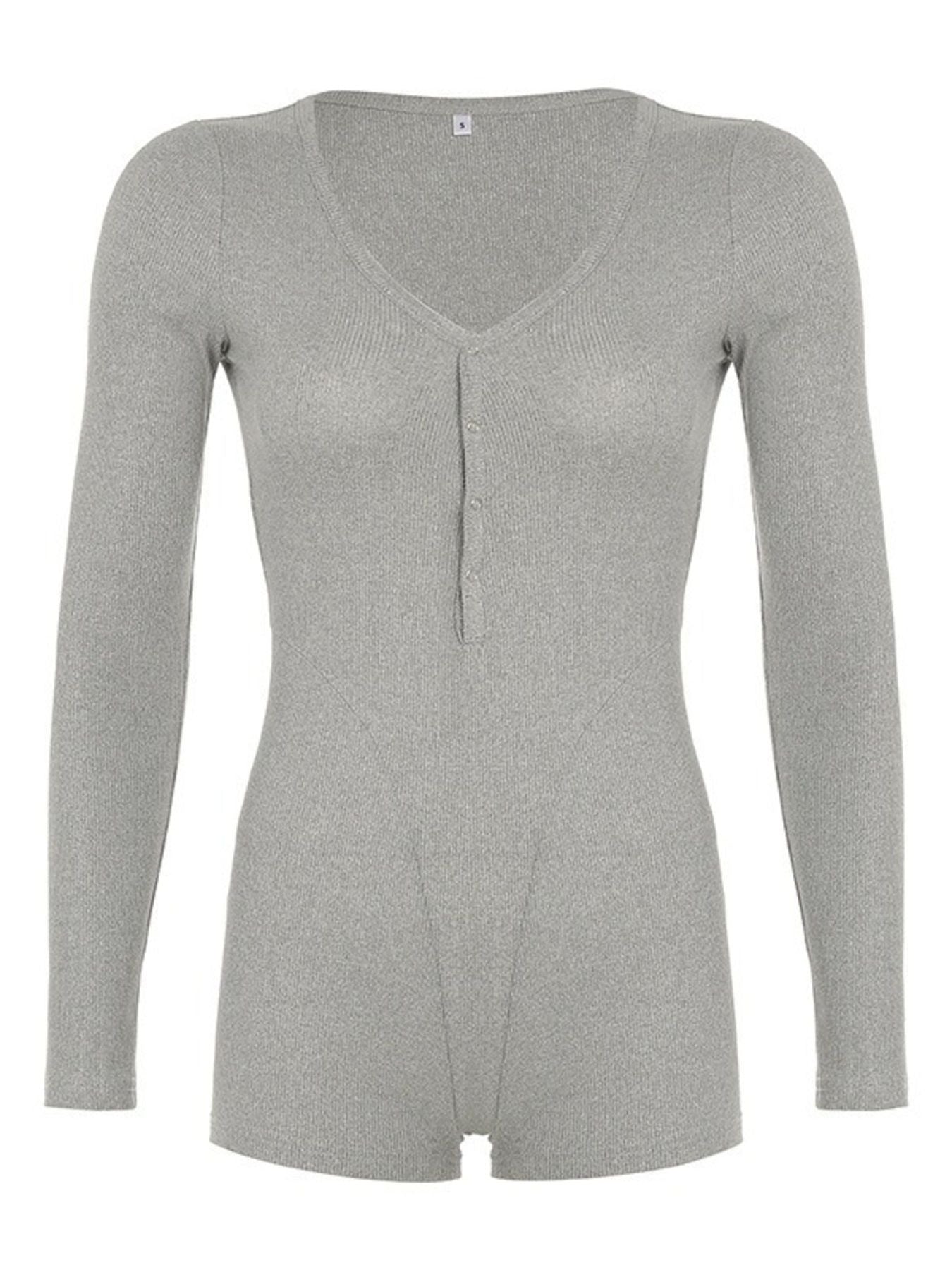 Gray ribbed long sleeve buttoned romper with a V-neckline