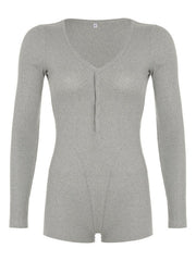 Gray ribbed long sleeve buttoned romper with a V-neckline