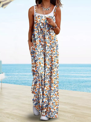 Floral Print Wide Leg Spaghetti Strap Overalls, side view
