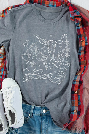 Gray graphic tee with western tattoo design featuring bull skull, boots, and hearts.