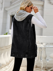 Black hooded denim vest with button-down closure and grey hood.