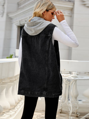 Black hooded denim vest with button-down closure and grey hood.
