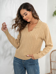 Khaki cable knit polo neck jumper with a V-neck and long sleeves.
