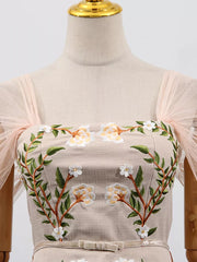 Embroidered midi dress with floral detail, square neckline, and sheer puff sleeves.
