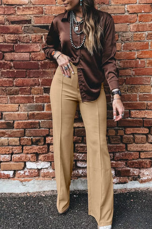 High Waist Full Length Regular Fit Pants in Tan, fabric detail