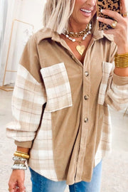 Plaid Colorblock Shirt Collar Shift Shacket in Camel, close-up detail