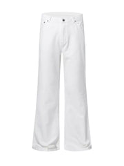 Men's white high-waisted flare leg trousers with a basic style and casual streetwear aesthetic.