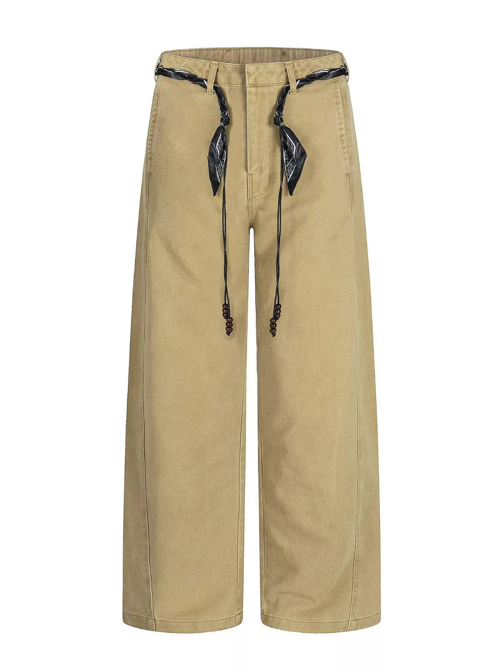 Belted wide-leg maternity pants in card color with beaded drawstring and bandana detail.