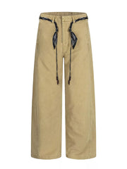 Belted wide-leg maternity pants in card color with beaded drawstring and bandana detail.