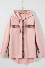 Blush pink waffle knit shacket with plaid trim on pockets and button placket, featuring a hood.