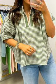 Sage gingham checkered half sleeve maternity overshirt with a split neckline and contrast trim.