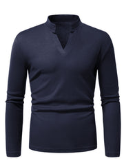 Men's navy blue long sleeve t-shirt with notched V-neck and waffle knit texture.